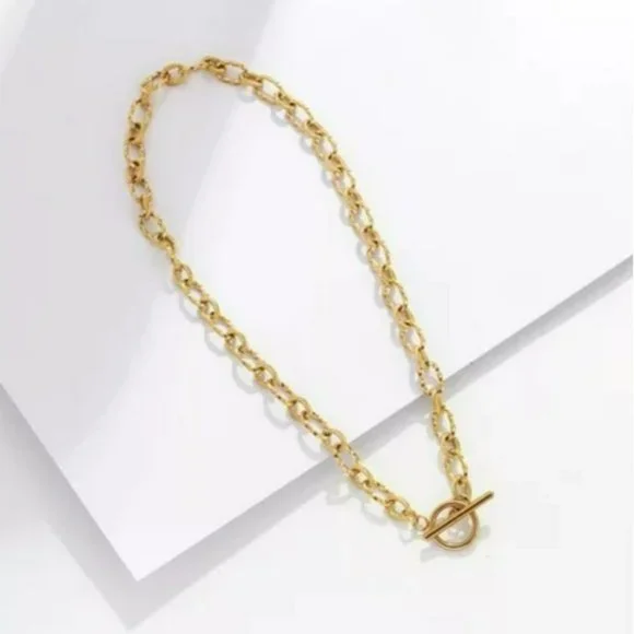 18k Gold Plated Stainless Steel Chunky Chain Choker Necklace Toggle Clasp 17in - Picture 3 of 7